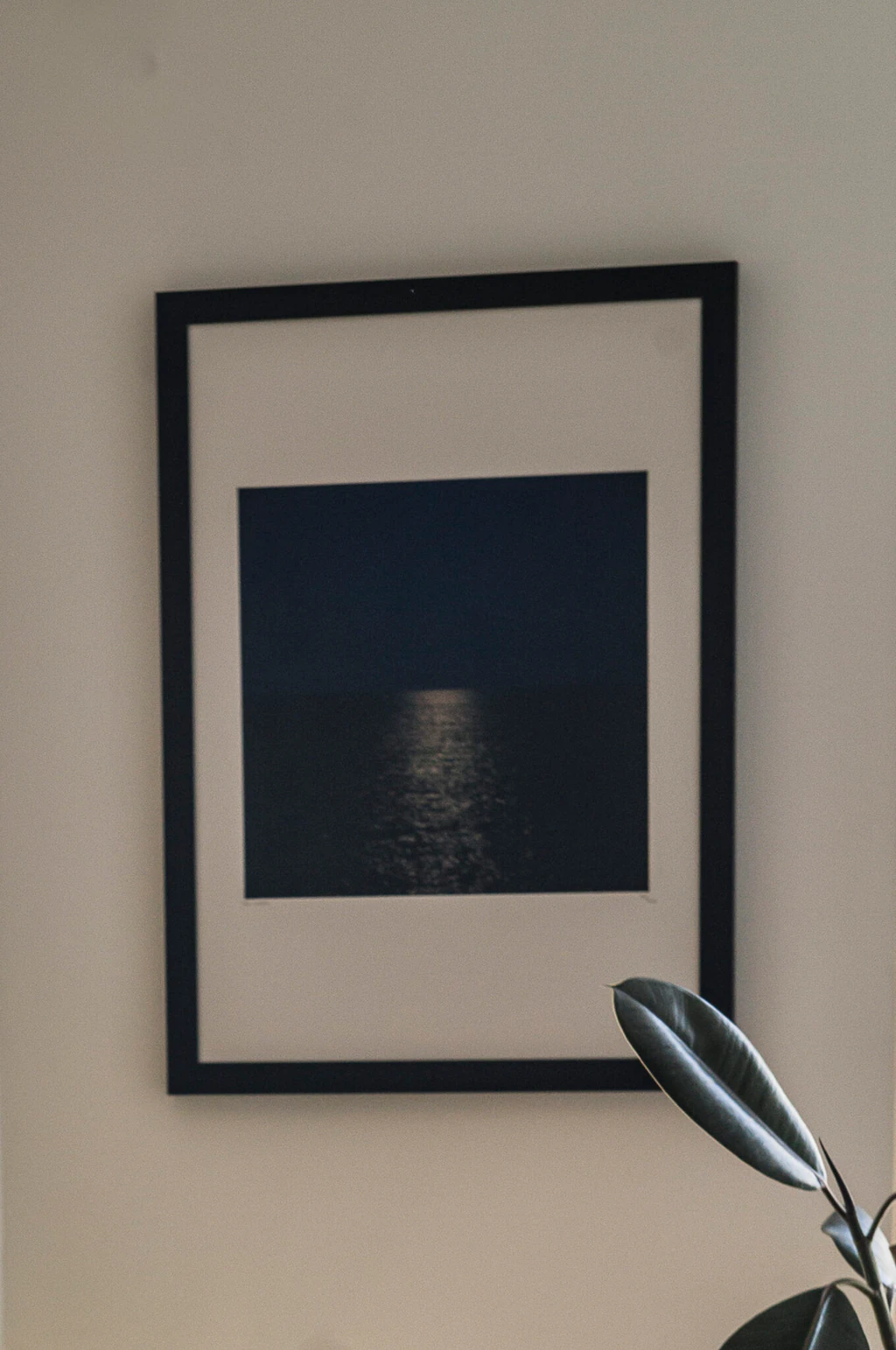Photographie encadrée en noir et blanc d'un reflet de lune sur la mer la nuit, accrochée au mur près d'une plante verte